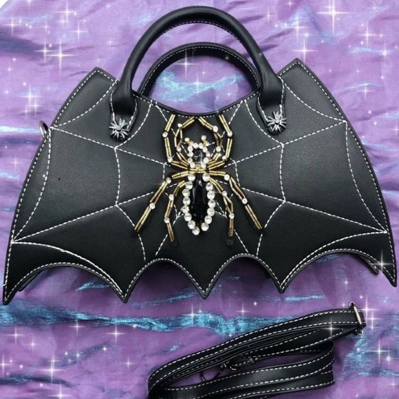 Spider Rhinestones Leather Shoulder Bag Handbag | Halloween Cosplay Gothic Style - Picture 1 of 6